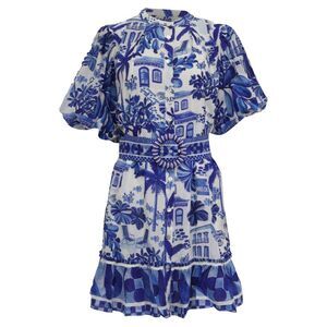 Farm Rio Sweet Rio Puffed Sleeve Mini Dress in Blue Cotton